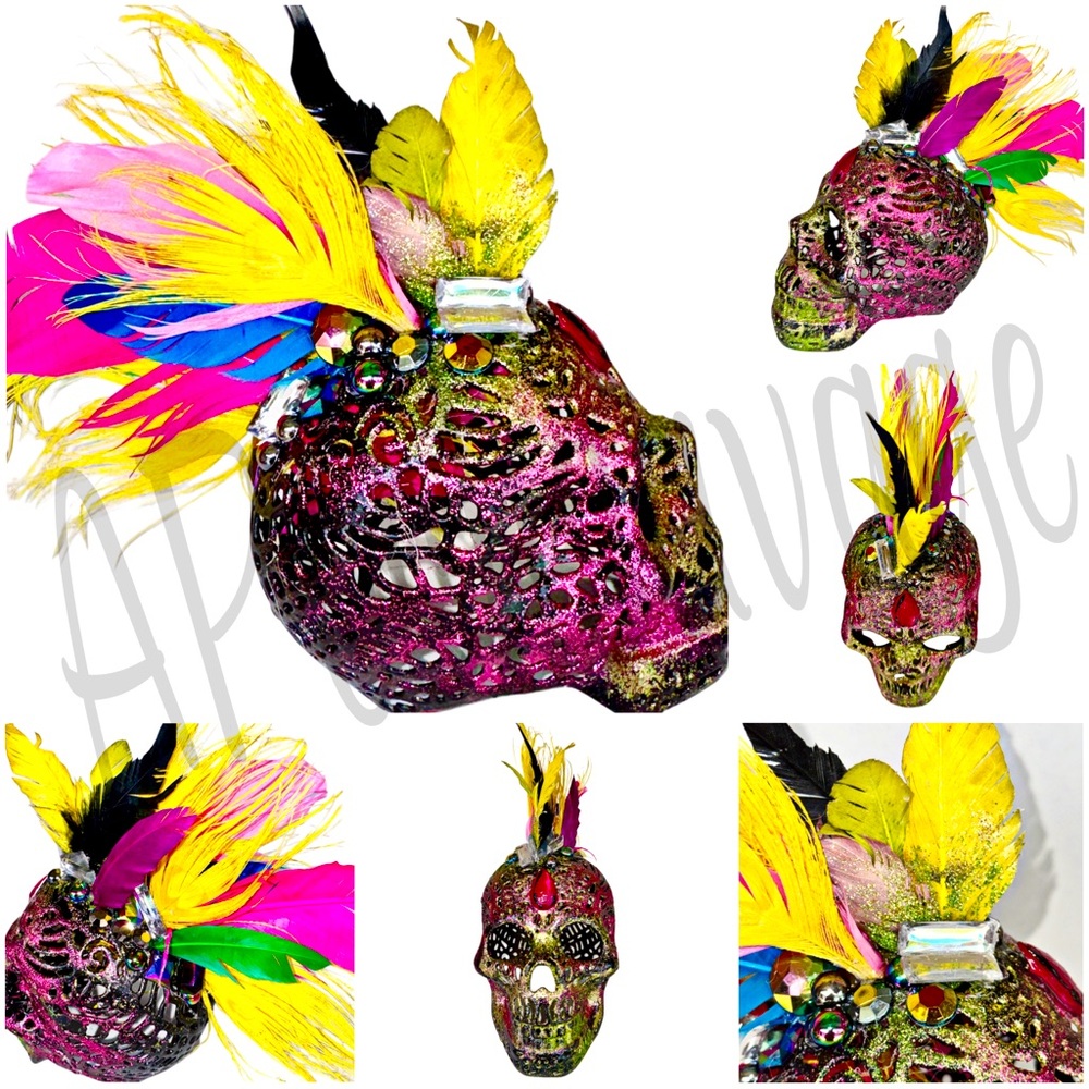 Feather Mohawk Skull Home Decor Art Piece - Ombré multi color